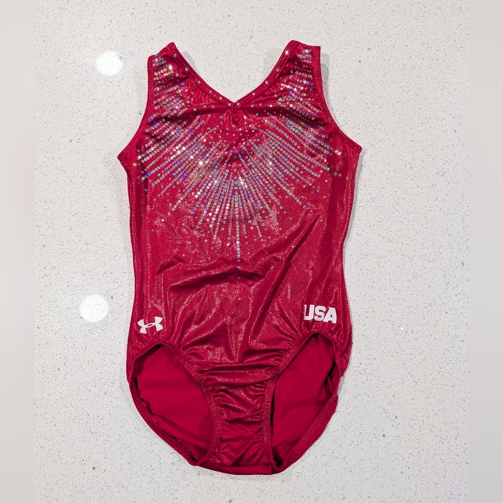 USA TEAM OLYMPIC Under Armour Gymnastics Dance Leotard AM MEDIUM Christmas Red